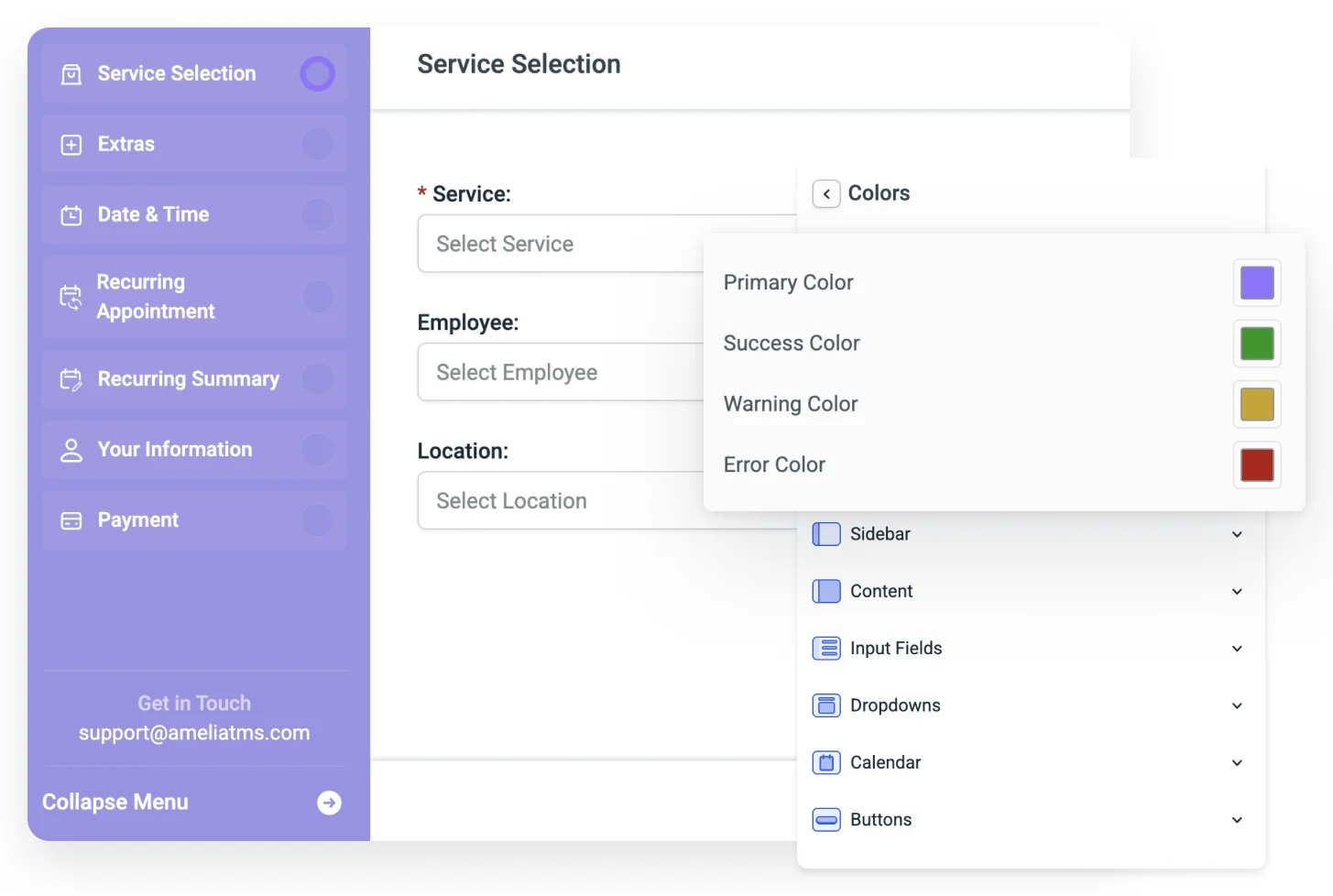 A screenshot of Amelia’s step-by-step booking form